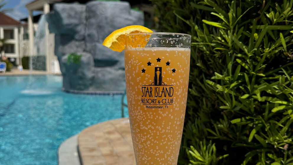 a glass of orange juice with a slice of orange on top of it